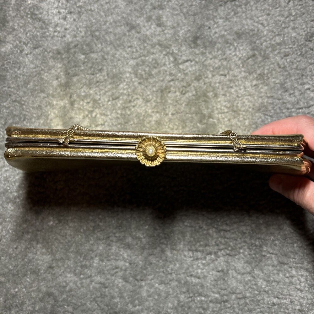 Vintage Gold Metallic Clutch Purse Evening Bag Chain Strap Satin Lined 50’s 60’s - Picture 2 of 16
